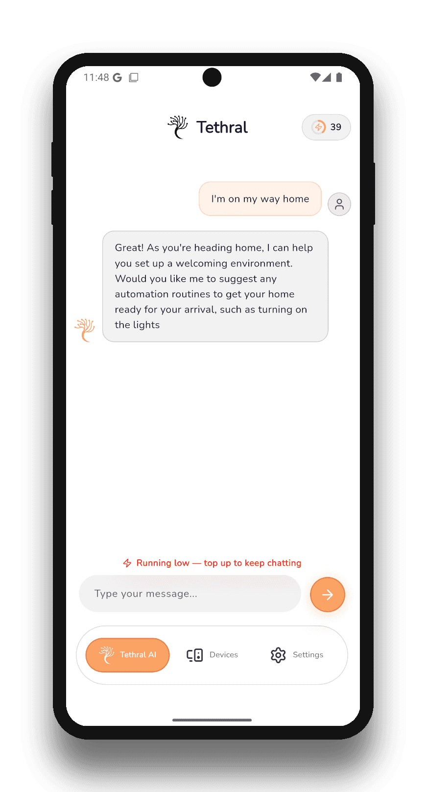The Tethral AI tab: after 'I'm on my way home', the agent offers to get the home ready.